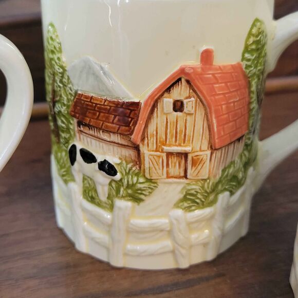 3 Vintage Japan 3D Farm Scene Mugs Barn Cow Fencing - Picture 3 of 10